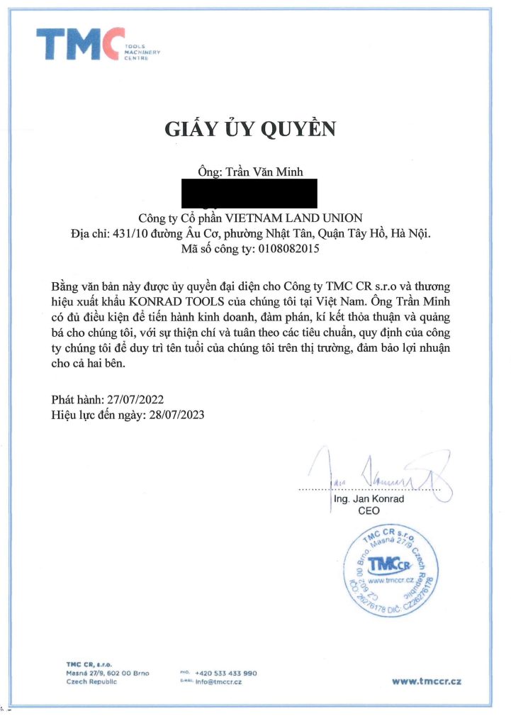 Giấy ủy quyền của TMC CR s.r.o., bản tiếng Việt (đã che thông tin cá nhân)